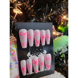 Cute white and pink bows press on nails custom made